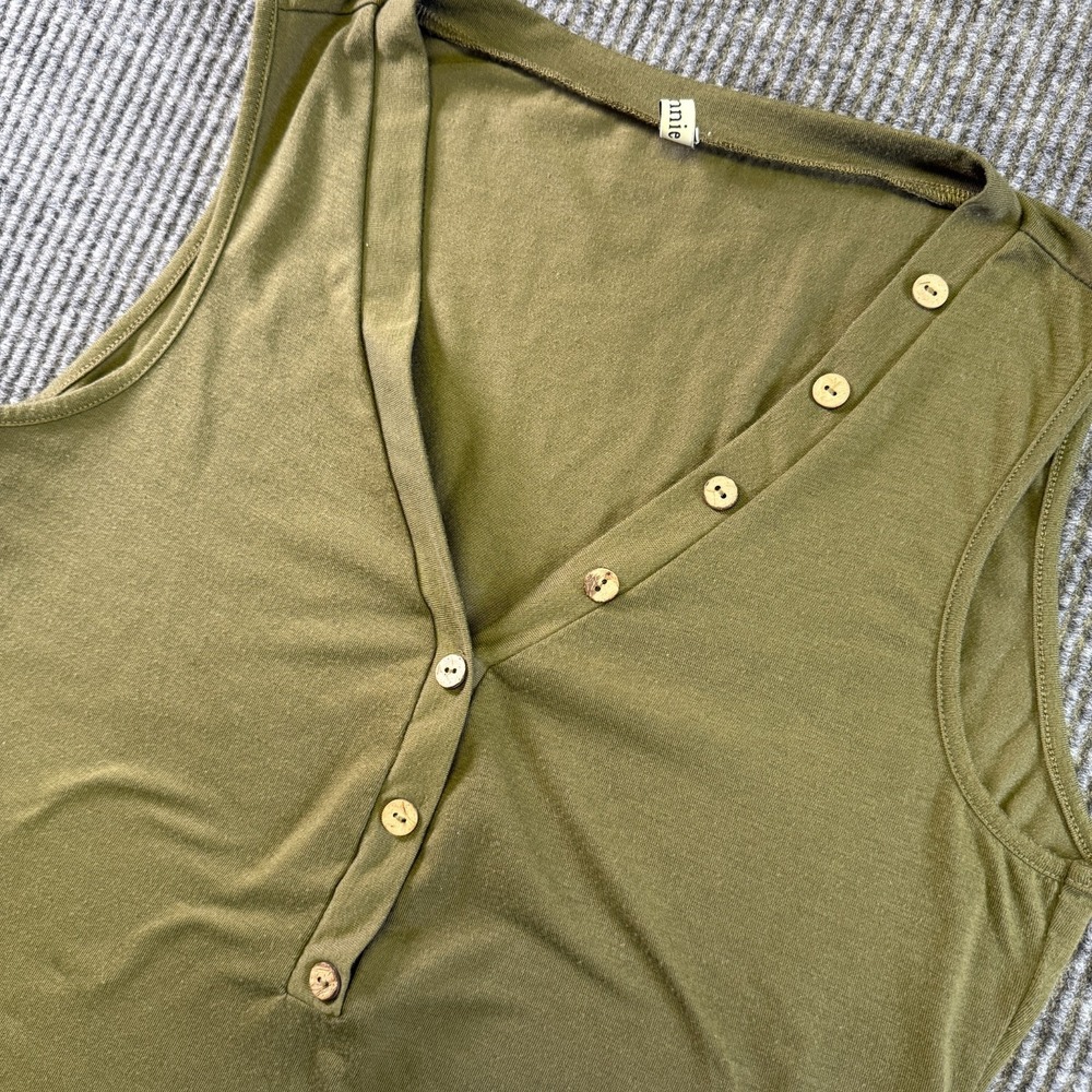Cinnie Womens‎ Tank Top Medium Olive Green Button Front Sleeveless Stretch